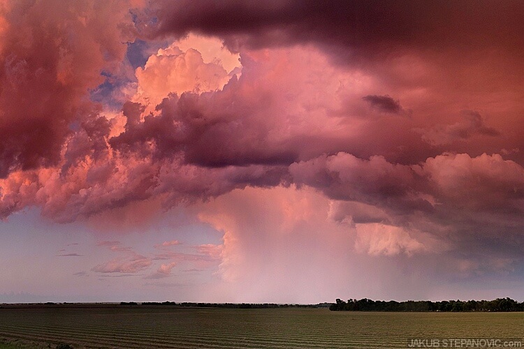 Evening storm forms vivid skies in rural Kansas.